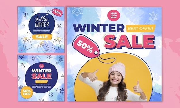 Gratis vector aquarel winter sale instagram posts collectie