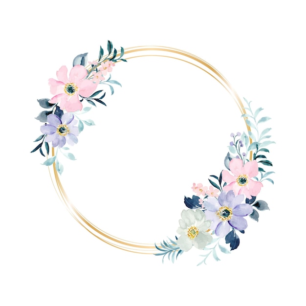 Aquarel zachte bloemenkrans met gouden cirkel