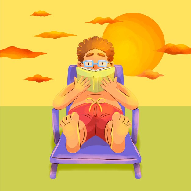 Aquarel zomer lezen boeken illustratie