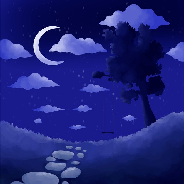 Aquarel zomernacht illustratie met schommel onder boom