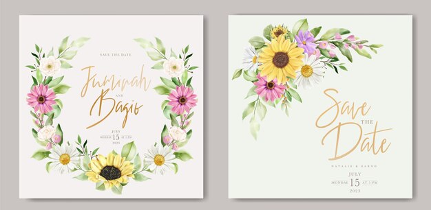 aquarel zon bloem en madeliefje bruiloft uitnodigingskaarten set