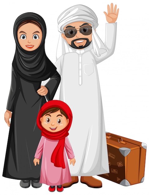 Arabische familie die Arabisch kostuumkarakter draagt