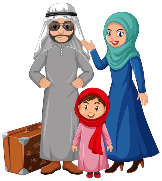 Arabische familie die arabisch kostuumkarakter draagt