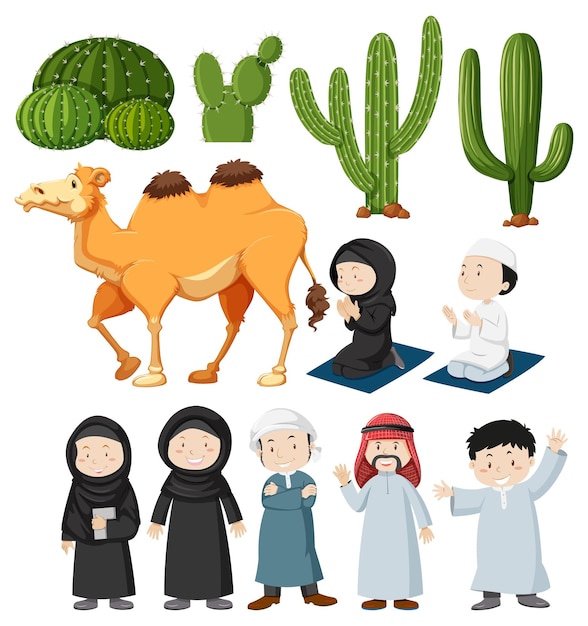 Gratis vector arabische mensen en cactusplanten