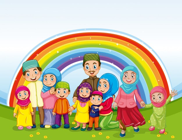 Arabische moslim familie in traditionele kleding en regenboog achtergrond