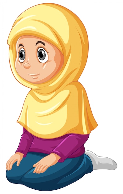 Gratis vector arabische moslim meisje in traditionele kleding bidden zitpositie geïsoleerd op een witte achtergrond