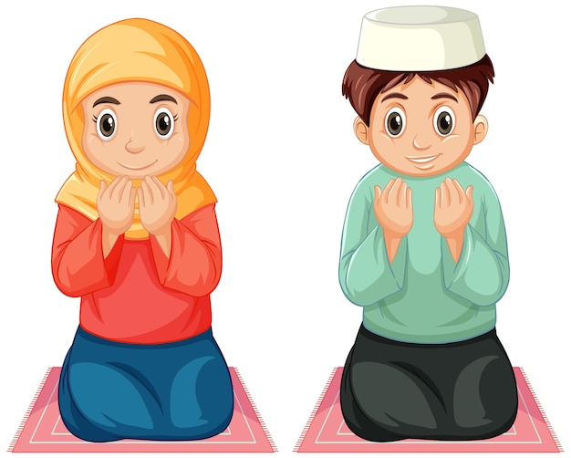 Gratis vector arabische moslimjongen en meisje in traditionele kleding die zithouding bidden die op witte achtergrond wordt geïsoleerd