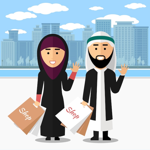 Gratis vector arabische paar winkelen. vrouw en man met tas, gelukkig en lachende levensstijl, vectorillustratie