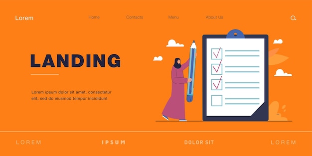 Arabische vrouw in hijab met gigantisch potlood naast checklist. moslim vrouwelijk karakter controleren taken platte vectorillustratie. succes, vragenlijstconcept voor banner, websiteontwerp of bestemmingspagina
