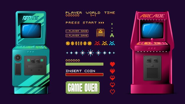 Arcade spel realistische set met spel over symbolen geïsoleerde vector illustratie