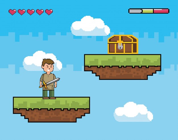 Arcade spelwereld en pixel scene