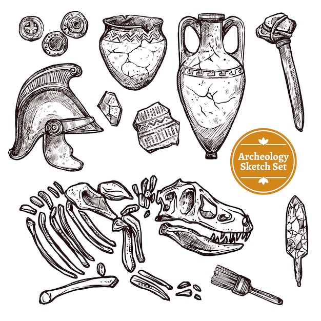 Gratis vector archeologie hand getrokken schets set