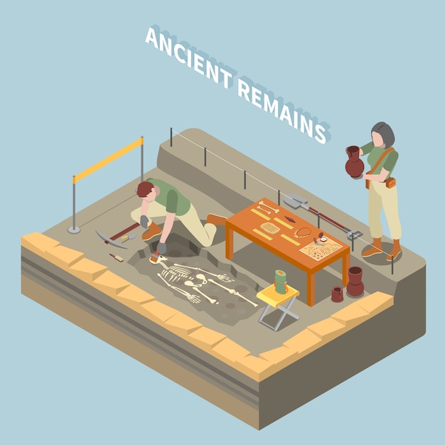 Archeologie isometrisch concept met oude overblijfselen en objecten symbolen