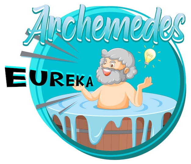 Archimedes in badkuip cartoon met het woord eureka