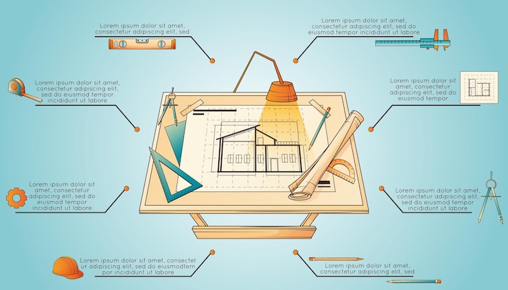 Gratis Vector architecturaal project plat horizontaal infographic met architect werkplek instrumenten en hulpmiddelen vector illustratie