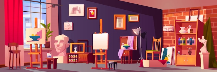 Gratis Vector art studio interieur kunstenaar workshop met spullen