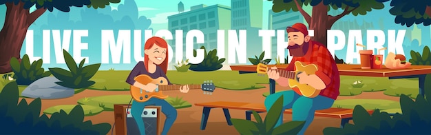 Artiesten spelen livemuziek in de banner van de parkcartoon. Zangers, man en vrouw die gitaren spelen en lied zingen in de openbare tuin, buiten muzikale uitvoering, vrienden die plezier hebben op picknick, vectorillustratie