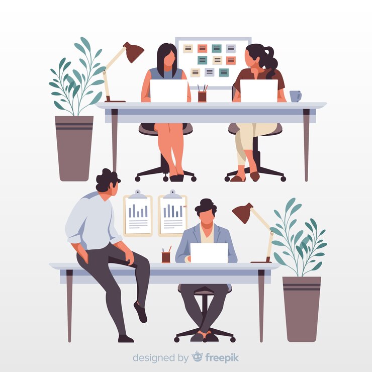 Gratis Vector artistieke beambten die bij bureausillustratie zitten