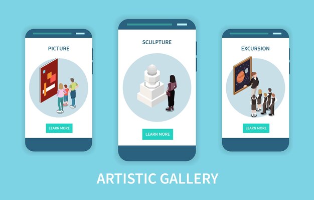 Artistieke galerij mobiele app-schermen isometrisch