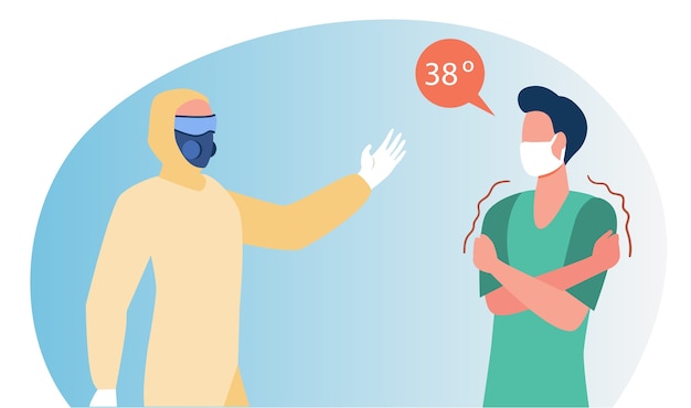 Arts in beschermend pak die man met koorts helpt. hoge lichaamstemperatuur platte vectorillustratie. ziektesymptomen, geïnfecteerde patiënt