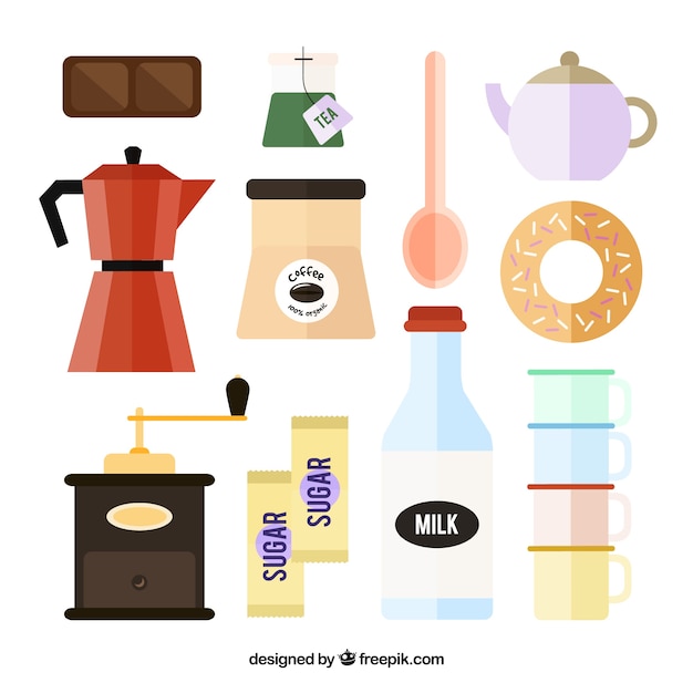 Gratis vector assortiment van coffeeshop elementen in plat design