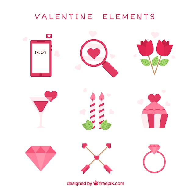 Assortiment van decoratieve valentijn items in plat design