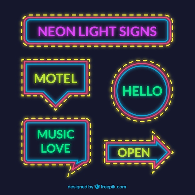 Gratis vector assortiment van neonlichten borden met gele details