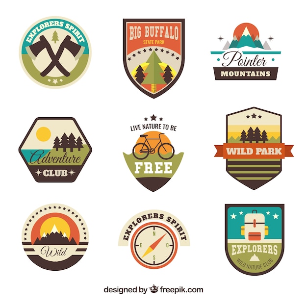 Gratis vector assortiment van vintage avontuur badges