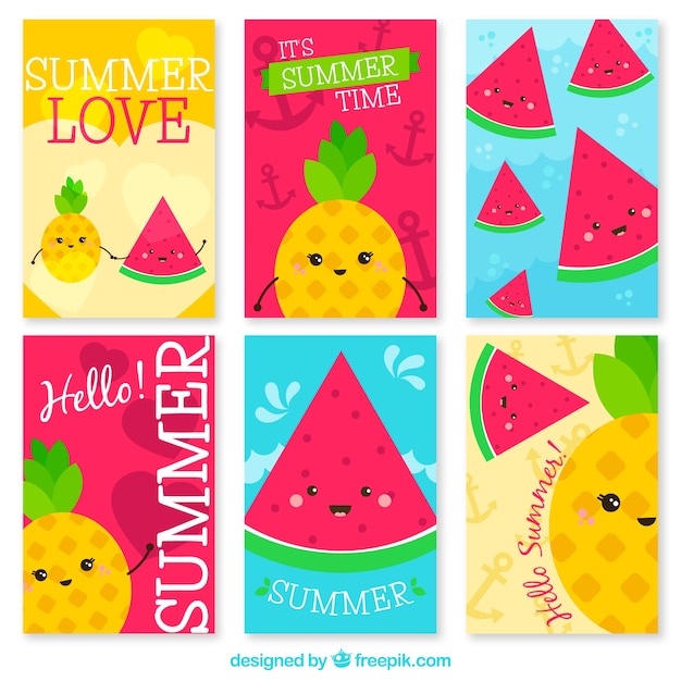 Gratis vector assortiment zomerkaarten met schattige fruitkarakters