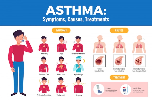 Astmasymptomen veroorzaken behandeling vlak medisch met patiënt die inhalator en ontstoken bronchiale buis houdt