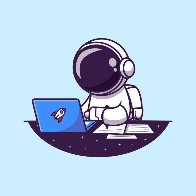 Astronaut Die Aan Laptop Werkt En Cartoon Illustratie Schrijft. Wetenschap bedrijfsconcept geïsoleerd. Platte cartoonstijl