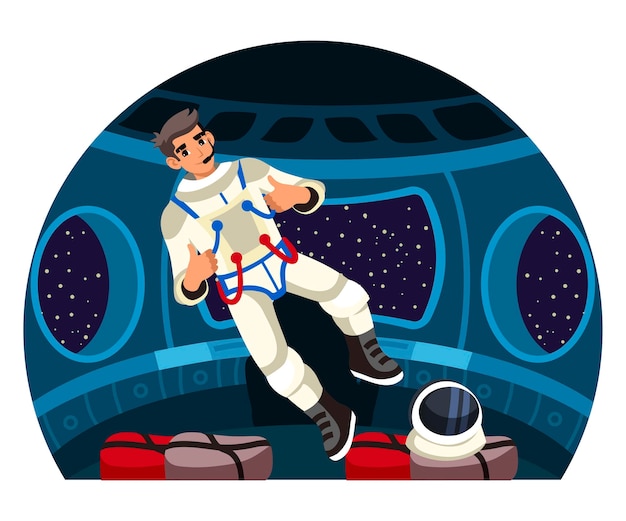 Gratis vector astronaut karakter zwevend in ruimteschip cockpit zwevend in raket kosmonaut in ruimtepak headset microfoon vliegen gebaren thumbsup