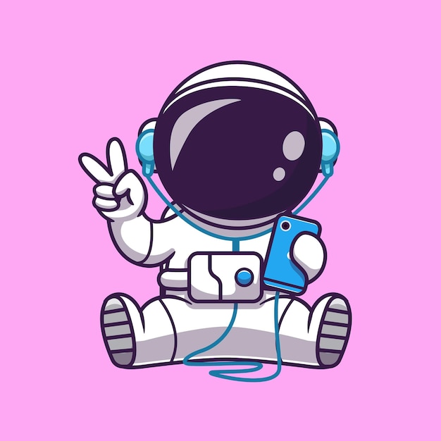 Astronaut luisteren muziek met hoofdtelefoon en vrede Hand Cartoon vectorillustratie pictogram. Wetenschap technologie pictogram Concept geïsoleerd Premium Vector. Platte cartoonstijl