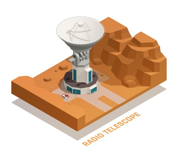 Astronomie isometrisch concept met 3d professionele radiotelescoop van groot formaat op het dak van het gebouw