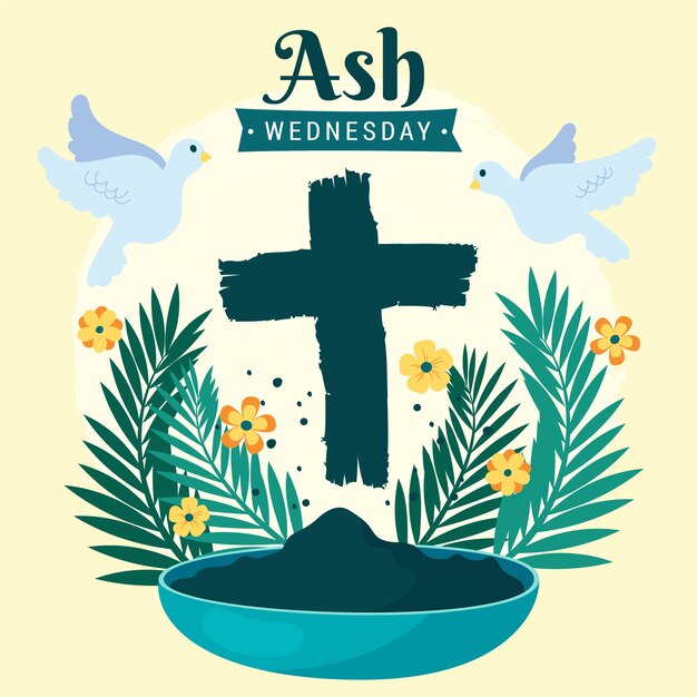 Aswoensdag hand getekend met bloem en kruis
