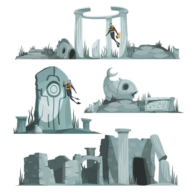 Atlantis ruïnes geïsoleerde composities set van oude paviljoen rotonde kolommen boog cartoon afbeelding cartoon