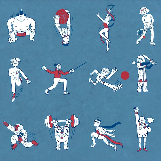 Atleten doodle karakter collectie vector