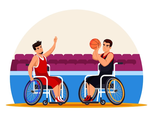 Gratis vector atleten in rolstoel spelen basketbal gehandicapte mannen trainen voor paralympische game actieve sport voor invalide