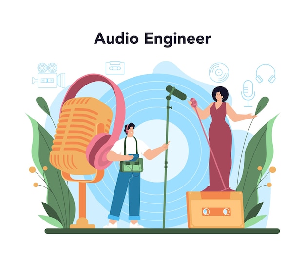 Gratis vector audio engineer concept muziek productie-industrie geluidsopname met een studio-apparatuur soundtrack of audio media maker platte vectorillustratie