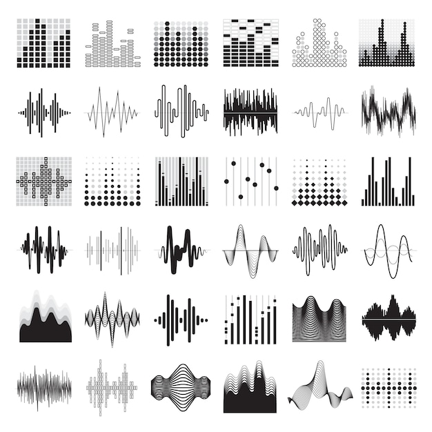 Audioequaliser zwarte witte pictogrammen geplaatst vlak geïsoleerde vectorillustratie