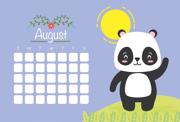 Gratis vector augustus-kalender met schattige panda, vlakke stijl