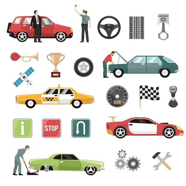 Gratis vector auto auto plat pictogrammen instellen