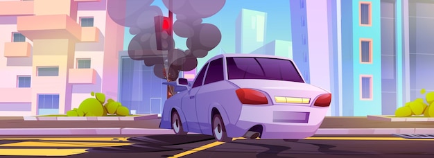 Auto crash rood verkeerslicht paal op stad straat cartoon vectorillustratie auto rijden snelheid en accidentele schade op snelweg met bumper op pijler rook en brak front auto moet worden gerepareerd