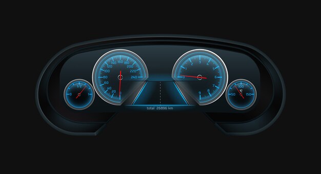 Auto digitaal dashboardscherm met gloeiende blauwe snelheidsmeter, toerenteller, brandstofniveau, motortemperatuurindicaties, weegschalen realistisch