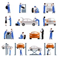 Gratis vector auto monteur auto service reparatie en onderhoud werk pictogrammen