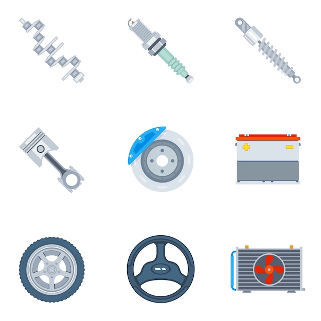 Gratis vector auto-onderdelen plat pictogrammen. gereedschap en reparatie, ontwerp motor en wiel illustratie vector
