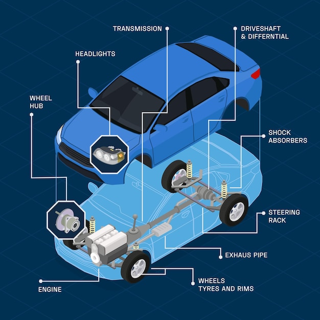 Gratis vector auto-onderdelen sparen isometrische samenstelling met auto in stukken en tekstbijschriften die naar verschillende items vectorillustratie wijzen