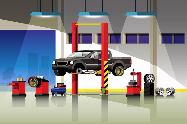 Auto reparatie en onderhoud service illustratie.