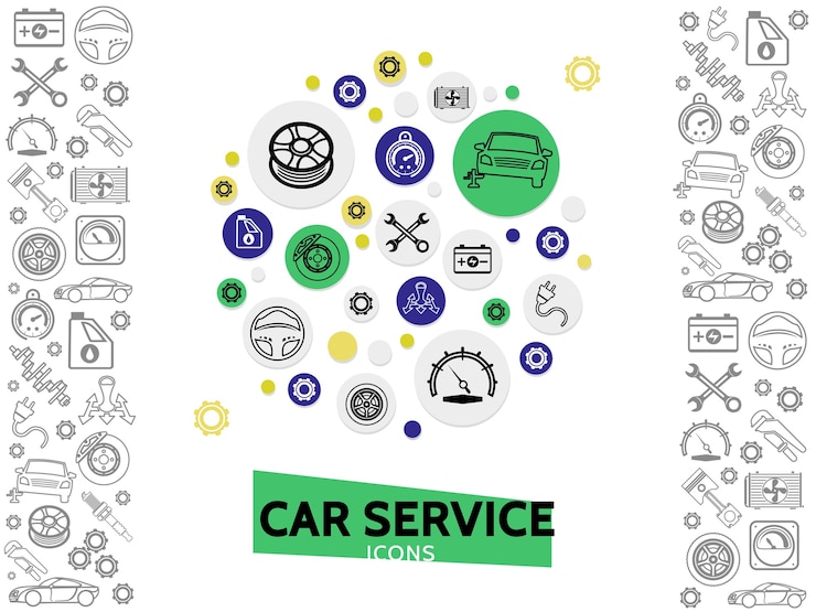 Gratis Vector auto reparatie en service sjabloon met sleutels autoband radiator versnellingen remschijf stuurwiel