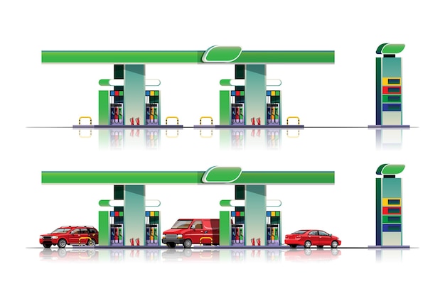 Gratis vector auto's en bestelwagens parkeren om te tanken bij tankstation